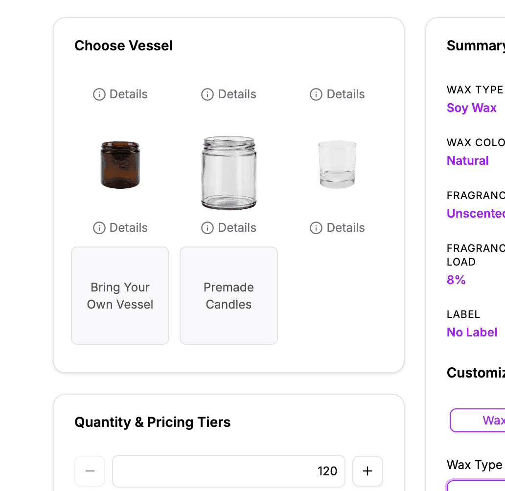 Vessel selection options in Private Label Builder