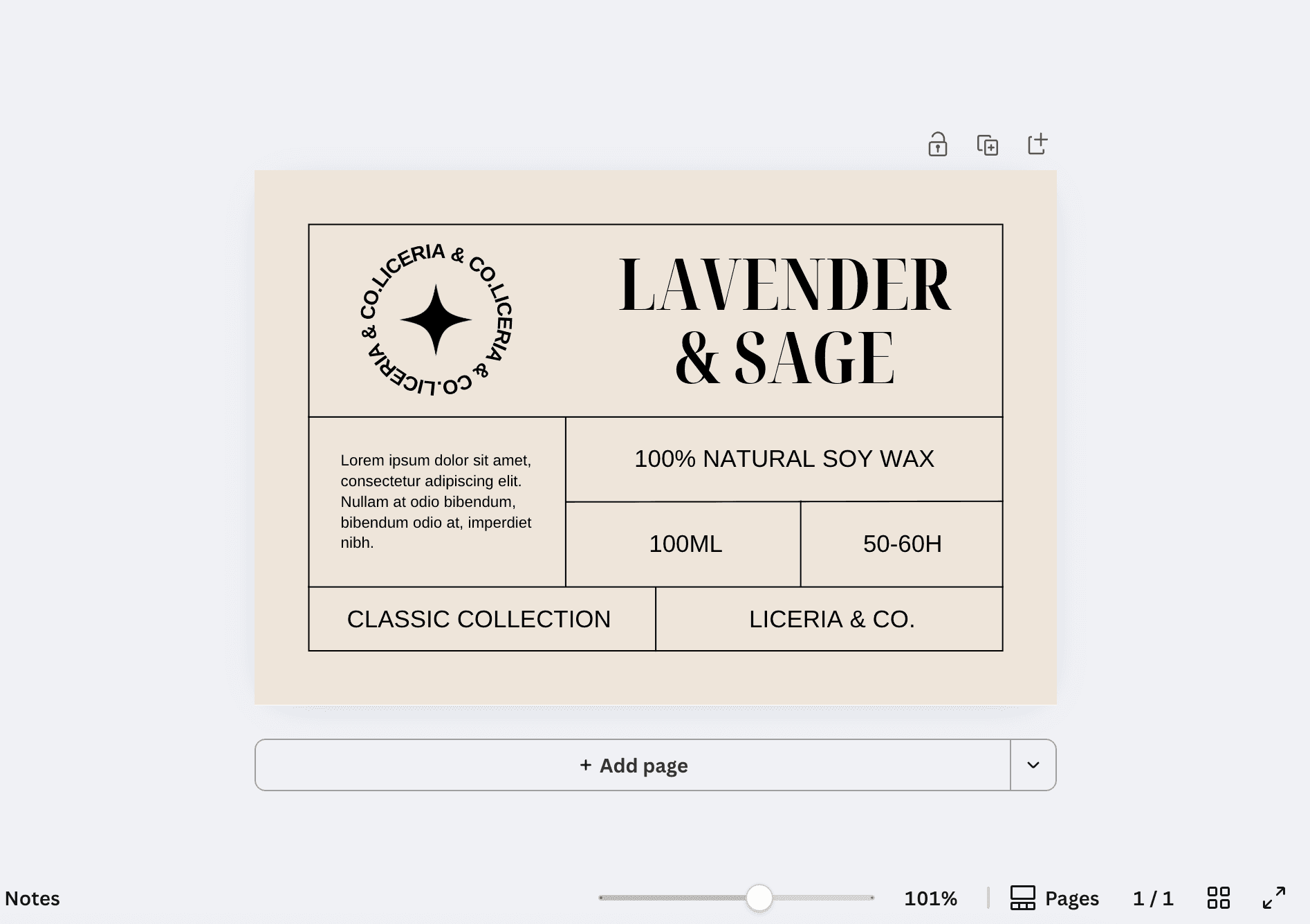 Completed custom candle label in Canva